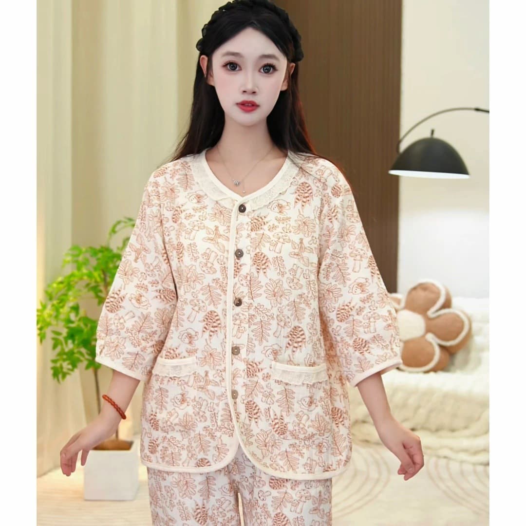 100% pure cotton soft cotton gauze V-neck three-quarter sleeve trousers loose and breathable women's pajamas cardigan cotton home clothes set