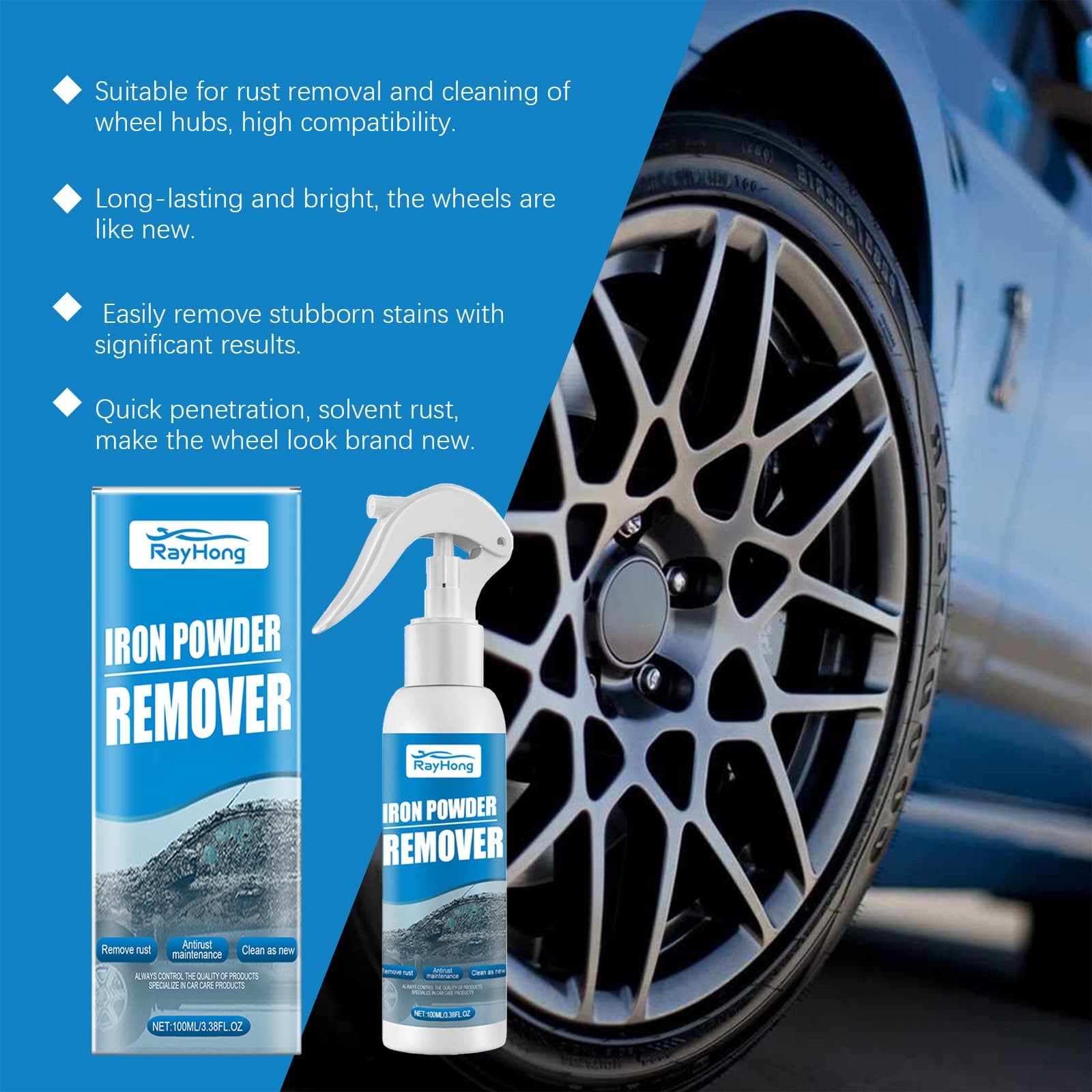 RAYHONG Car Iron Powder Rust Removal Spray Gentle Clean Anti-Rust Rust Remover Decontamination Car Care Spray