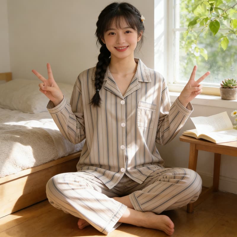 Retro striped simple Japanese imitation cotton lapel cardigan pajamas women's long-sleeved trousers home wear two-piece set wholesale