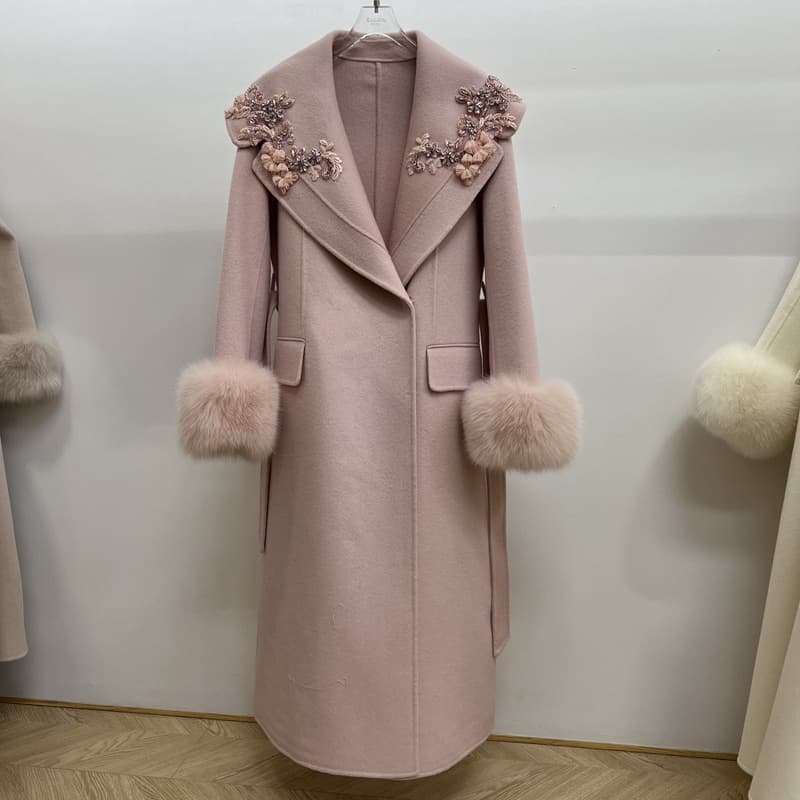 2023 New Winter Heavy Fox Fur Double-Faced Cashmere Coat for Women, Mid-Length Wool Fur Outerwear with Rhinestones