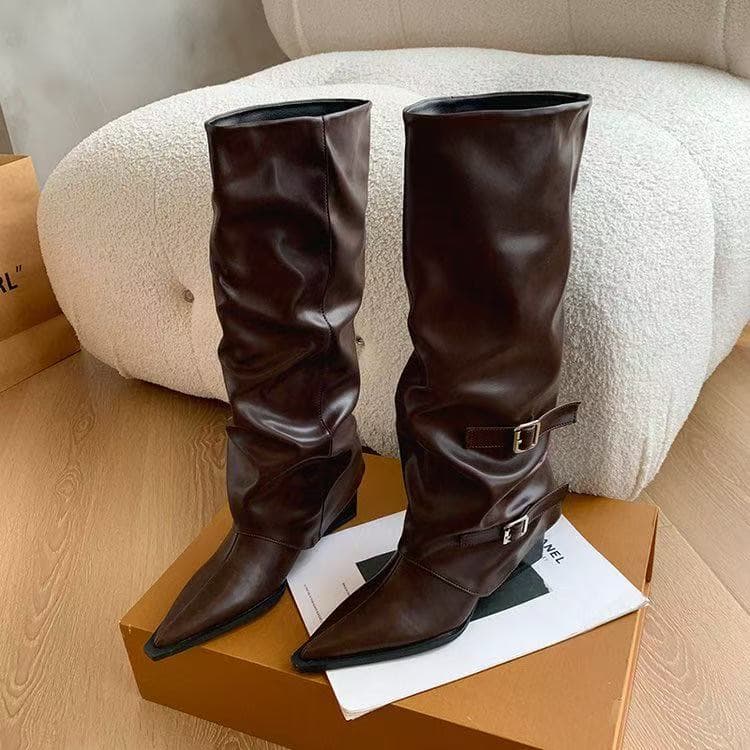 Retro thick heel trouser boots pointed toe boots long boots for women 2026 summer new black pile boots long knight boots