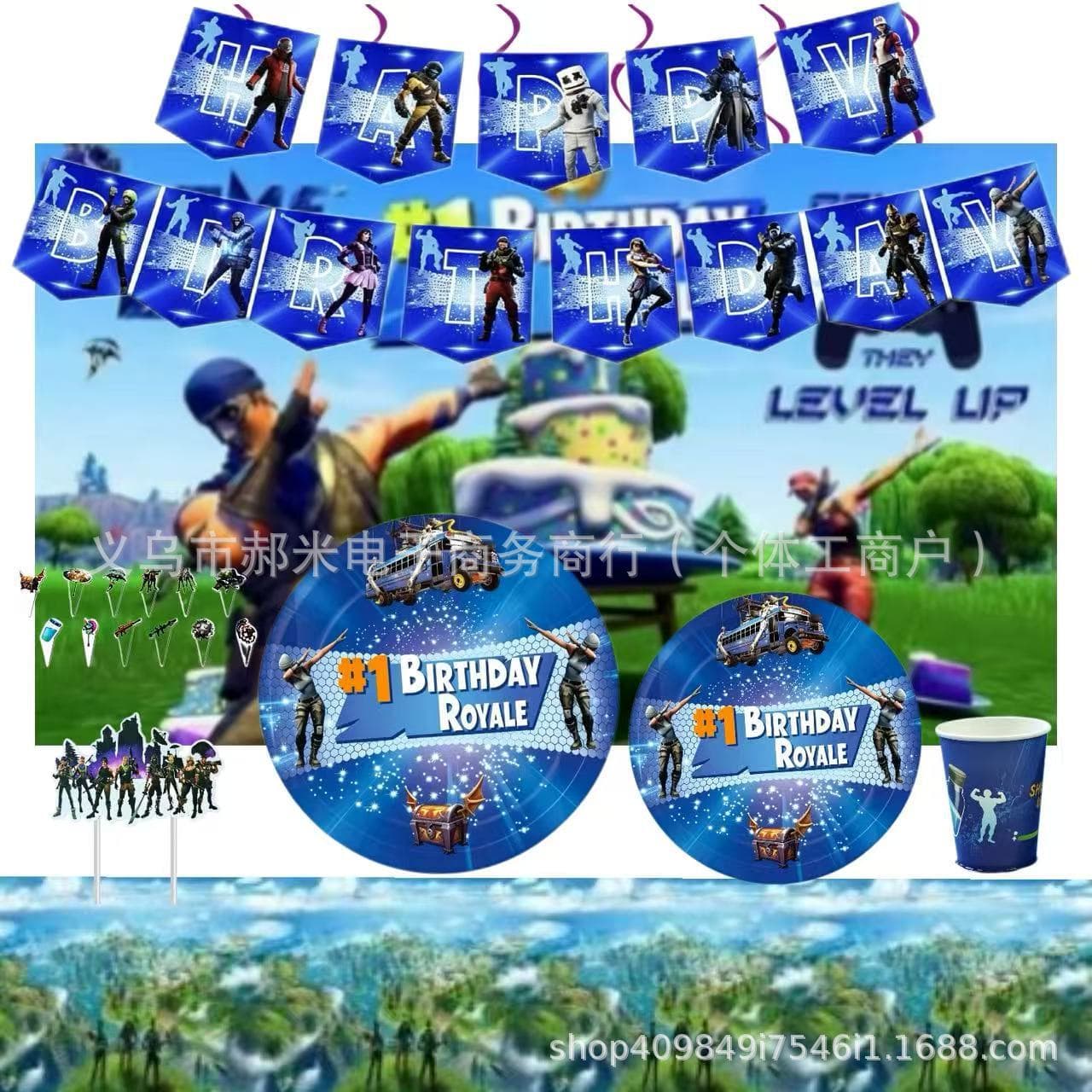 New Fortnite game theme birthday party set chicken birthday banner background cloth dinner plate paper cup