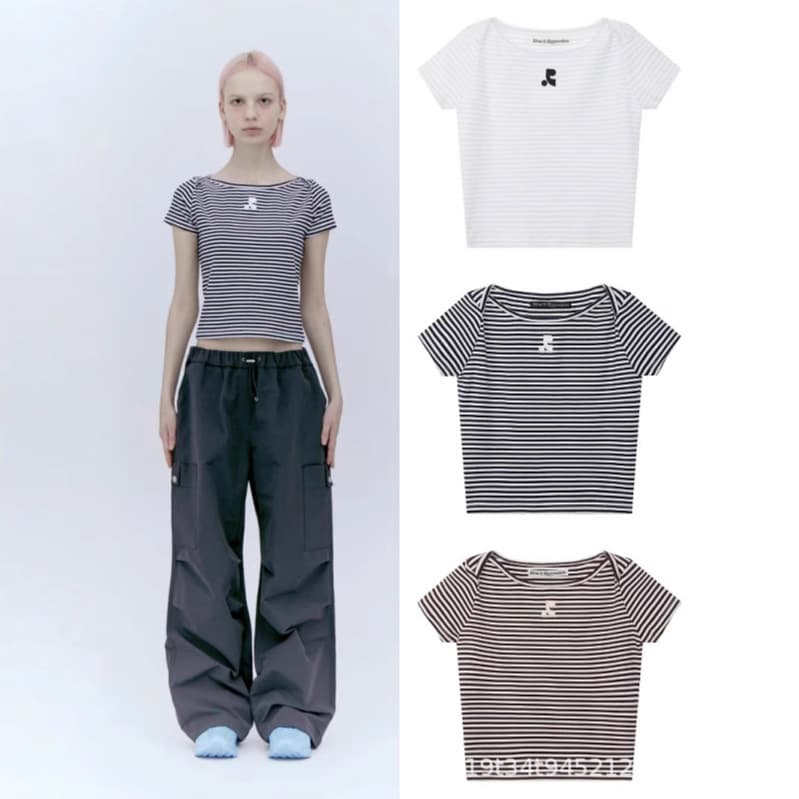 South Korea RRest slim slim embroidered striped one-shoulder short short-sleeved T-shirt for women 2026 summer off-shoulder trend
