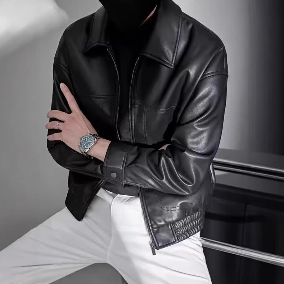 Casual Leather Jacket Men's Trendy Autumn Winter Light Maturity Style Flip Collar PU Leather Coat Loose Fit Versatile Outerwear