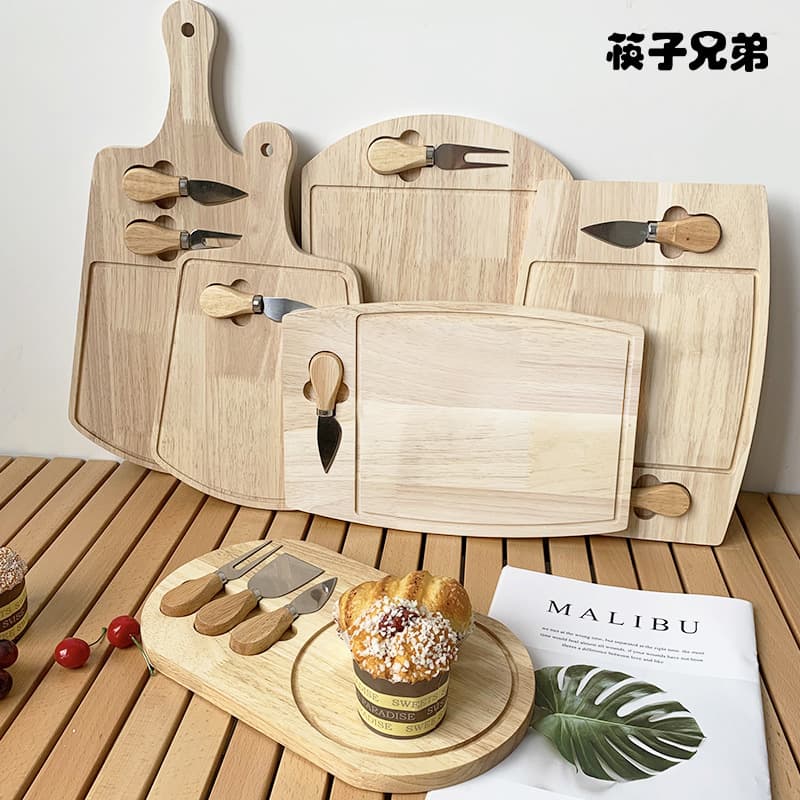 Rubber Wood Pizza Board Stainless Steel Cheese Knife Set Solid Wood Cheese Cutting Board Pizza Tray