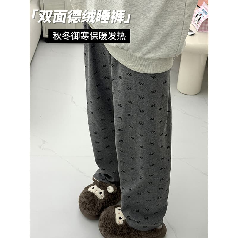 Autumn and winter casual trousers, soft and warm fleece, long pajamas, women's long pants with bow, loose and casual, suitable for both casual wear and outdoor use.