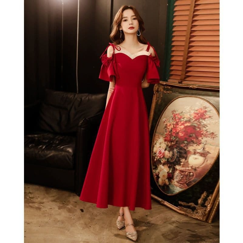 Red Dress Mid-Length Toast Dress Summer Thin Premium Off-Shoulder Slimming Bodycon Dress for Women, Wearable Daily