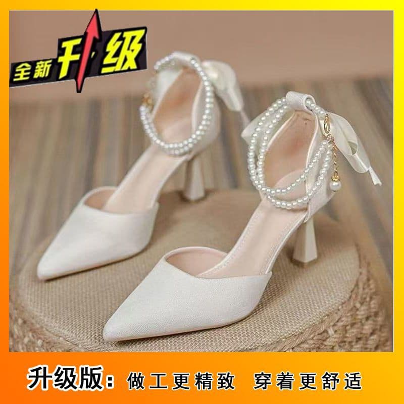 Stiletto Sandals Women 2025 New Korean Style Fairy Bow Tie Elegant Fashion High Heels Pearl Lace Pointed Toe