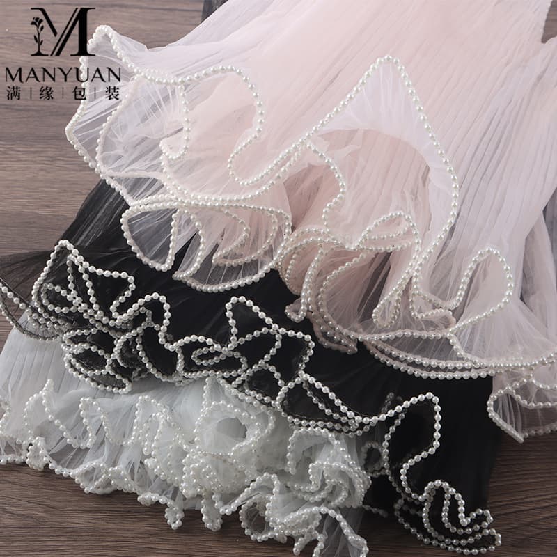 Wholesale 4 Yards Long Pearl Wave Yarn Flower Packaging Material Mesh Yarn Pearl Style Solid Color Pleated Wave Yarn Mesh