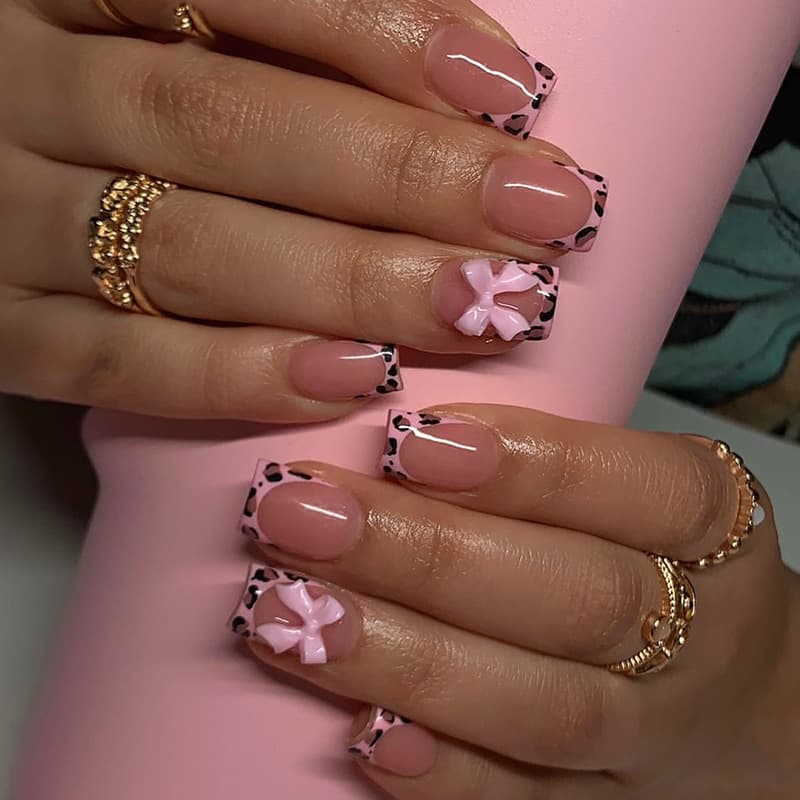 24pcs Short Wearable Nails European American Style Bow Leopard Print False Nails Removable Nails