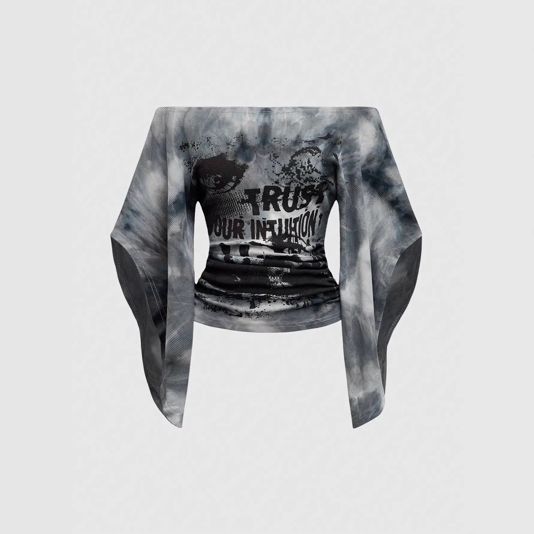 European and American off-shoulder digital letter print T-shirt, lightweight mesh flared sleeves, slim fit, sexy crop top