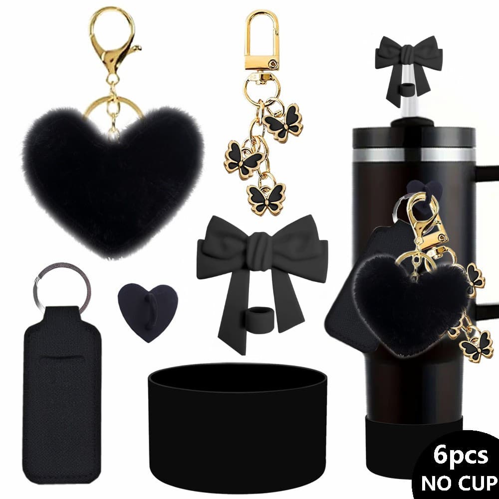 Stanley Cup Decorative Heart Pom-Pom Charm Lipstick Bag Butterfly Straw Stopper Couple Heart Keychain
