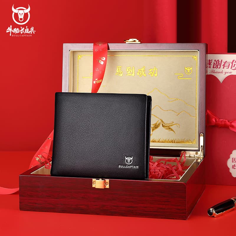 BULLCAPTAIN Leather Wallet for Men, Genuine Leather Wooden Gift Box Premium Authentic Handbag, Cowhide Money Clip, Drop Shipping