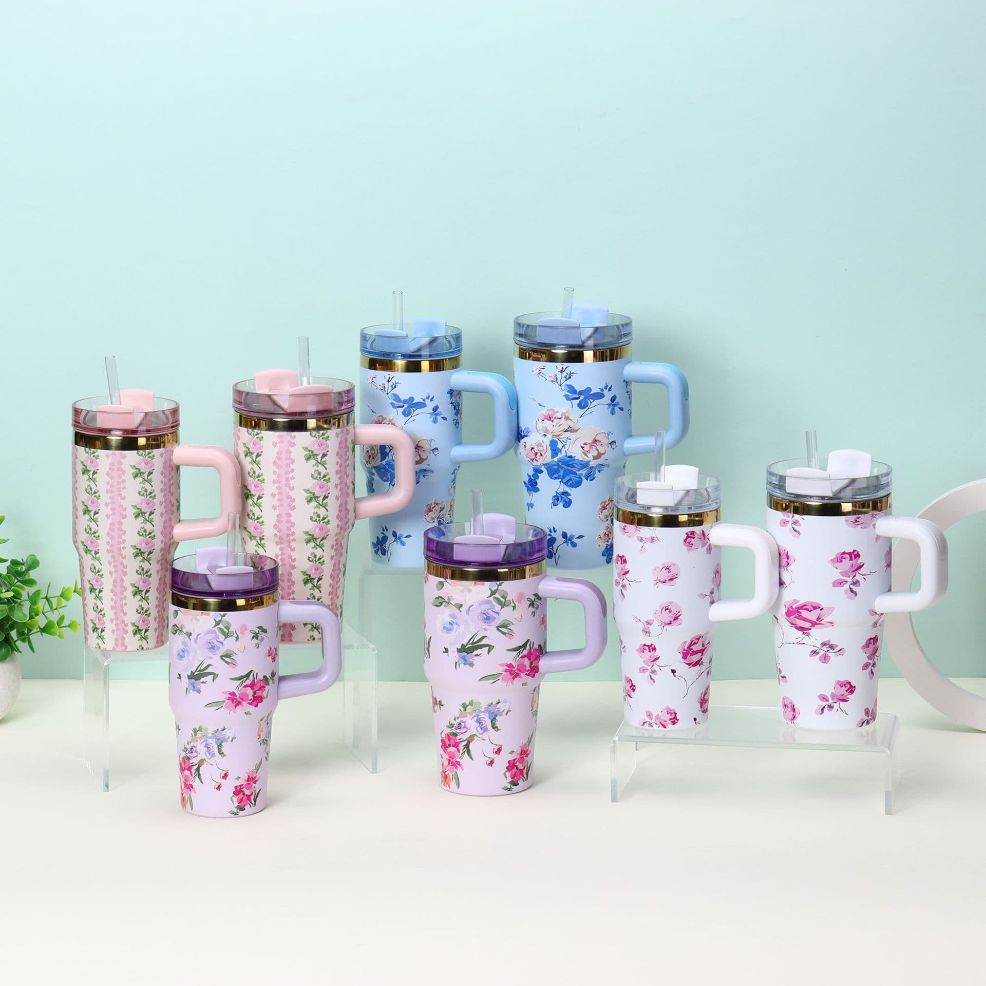 Cross-border 14oz Car Cup Phnom Penh Flower Stainless Steel Thermos Cup Portable Car Ice Cup with Handle and Straw