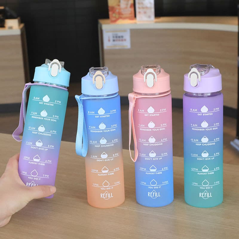 Cross-border Gradient Frosted Water Bottle Fitness Sports Cup Straw Cup Portable Handle Plastic Bottle for Men and Women