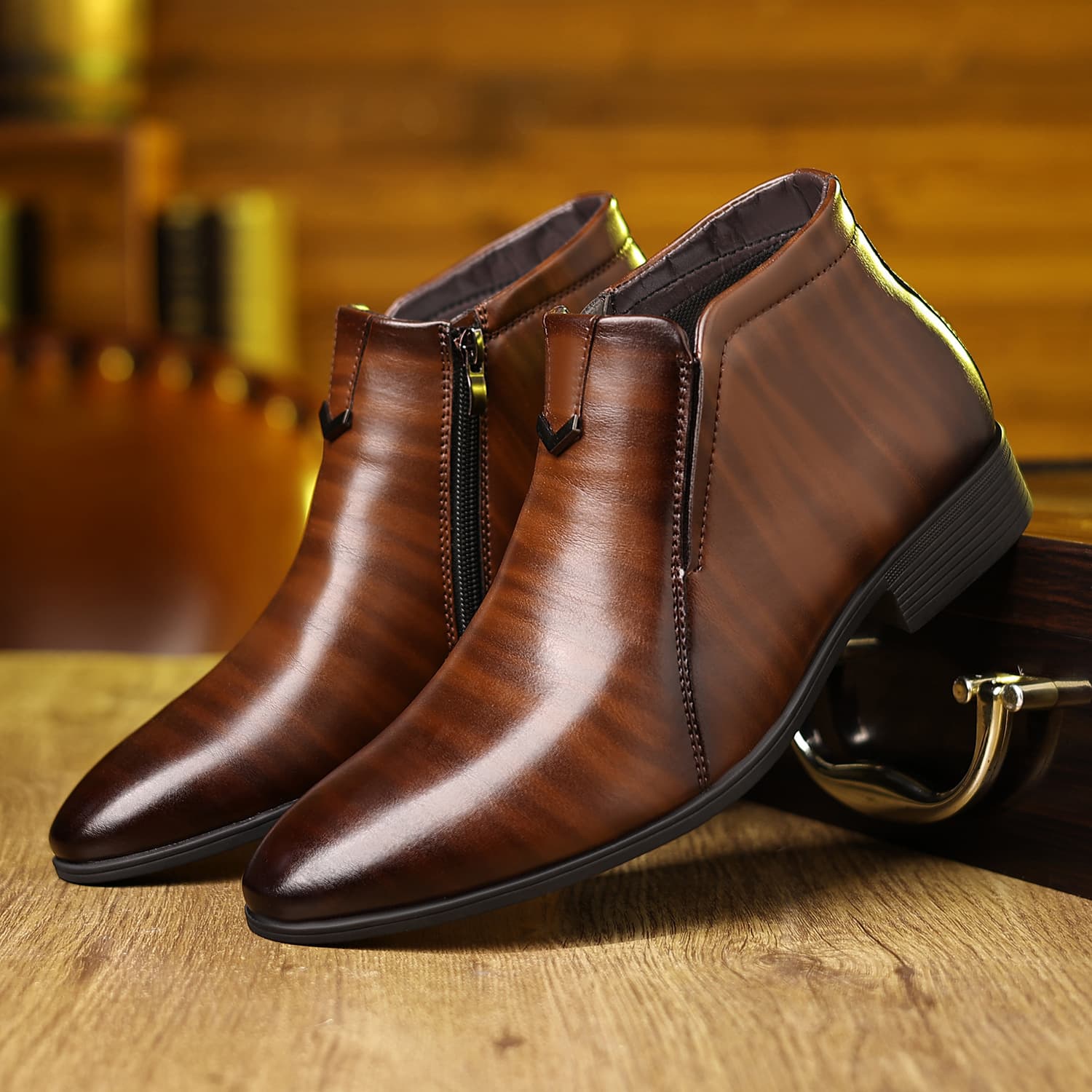 Aofu Shoes 6013 Men's Pointed Toe Fashion Boots Striped Embossed Side Zipper Ankle Boots OPP Zipper Bag No Box