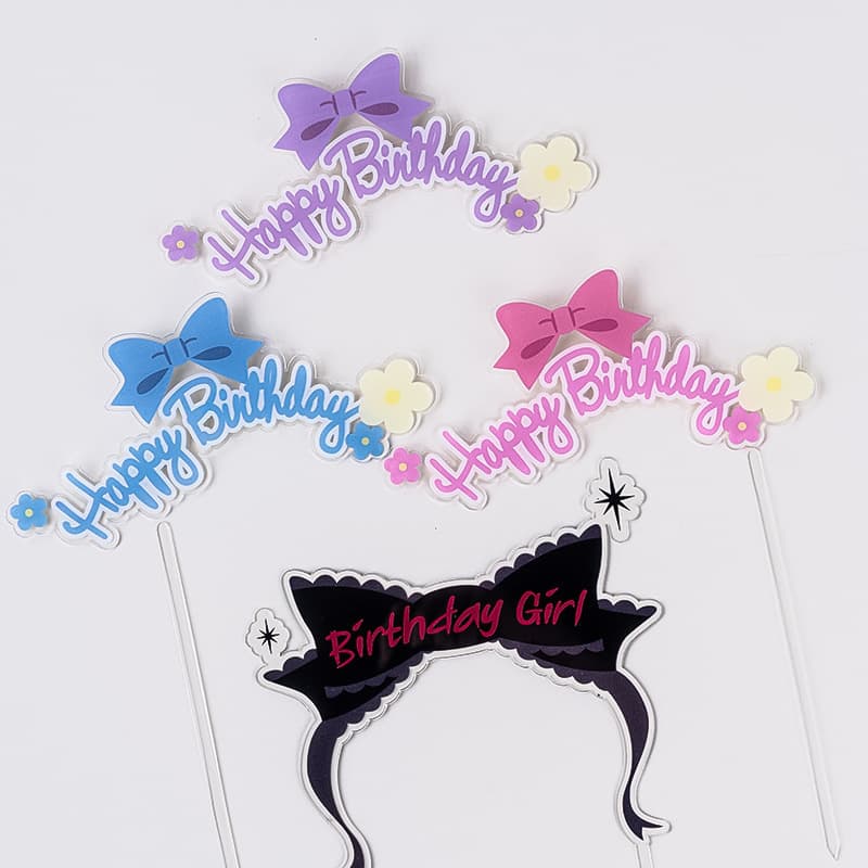 Trending Hot-Selling Color-Printed Bow Flower Happy Birthday Color-Printed Acrylic Girl Korean-Style Cute Cake Decoration