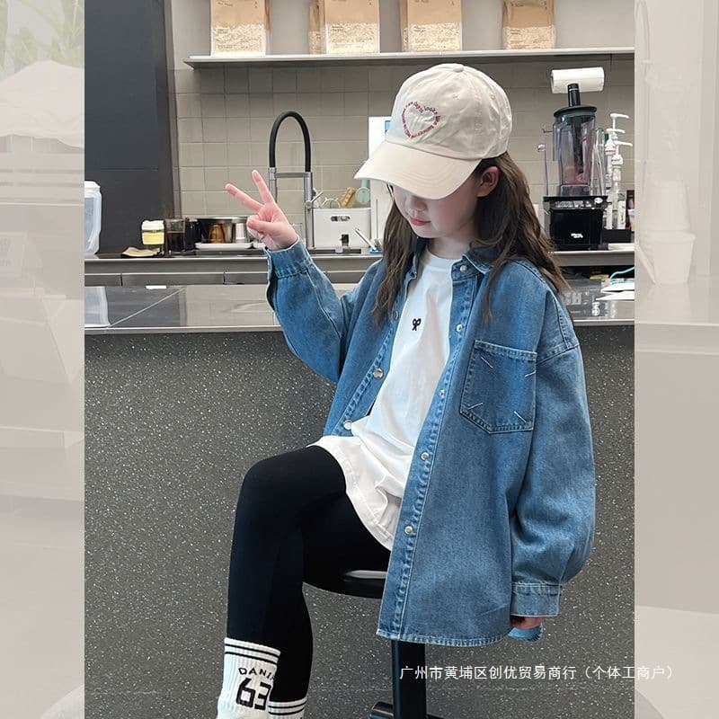 Girls Denim Shirt Stylish Korean Version Little Girl Blouse Children Cardigan Big Kids 2025 Spring Autumn New