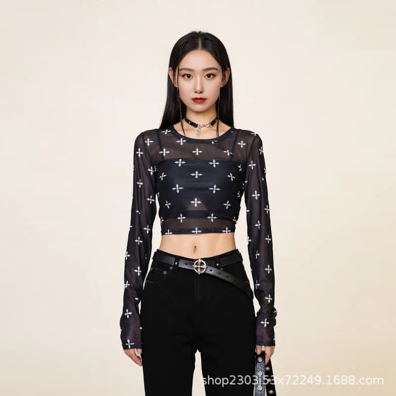 SMFK black garden mesh tights long-sleeved sun protection skin clothing T-shirt European and American hot girls slim top