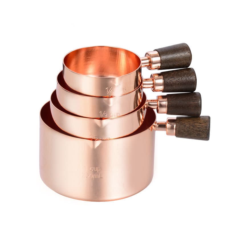 Stainless Steel Measuring Cup and Spoon Set, 4-Piece Measuring Cups with Walnut Wood Handle, Rose Gold Measuring Cups, Coffee Cups, Home Use