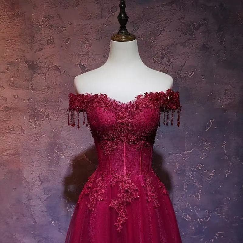 Wine Red Lace Evening Gown New Off-Shoulder Long Dress Stage Performance Gown Annual Meeting Host Dress