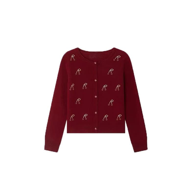『Pure Wool』 Hand-beaded Cherry Knit Cardigan, Girls' Autumn/Winter Holiday Red Sweater Long Sleeve Coat