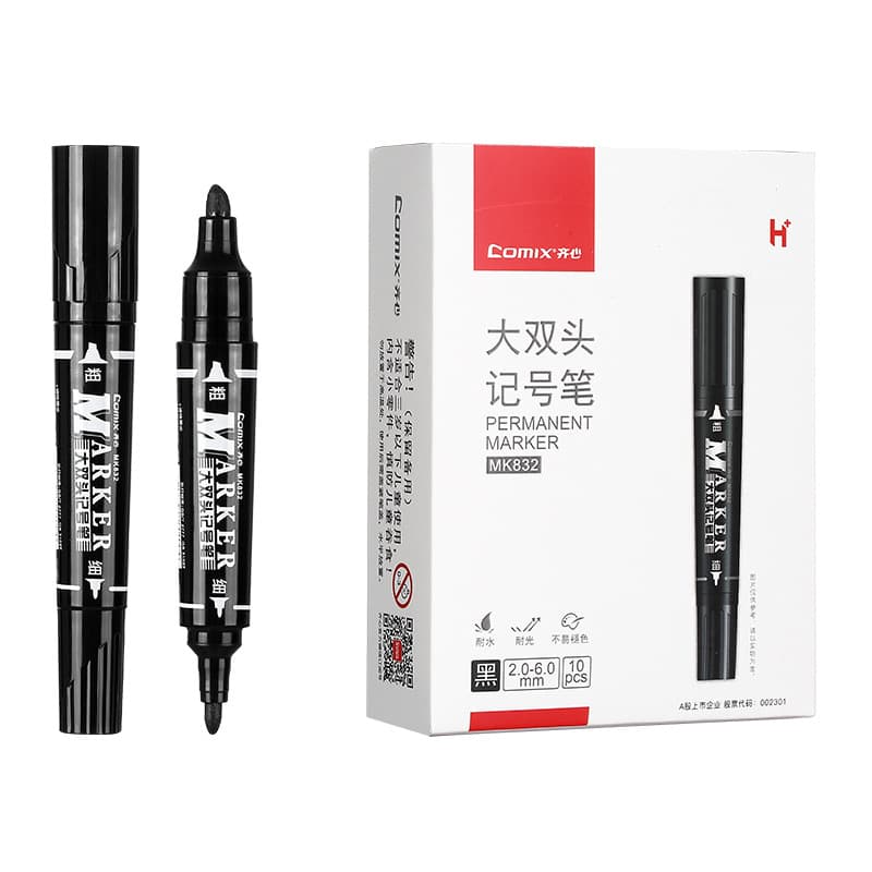 Comix MK832 Large Double-Headed Marker Pen, Line Width 6mm, Oil-Based Broad Tip, Black Marker Pen, Bulk