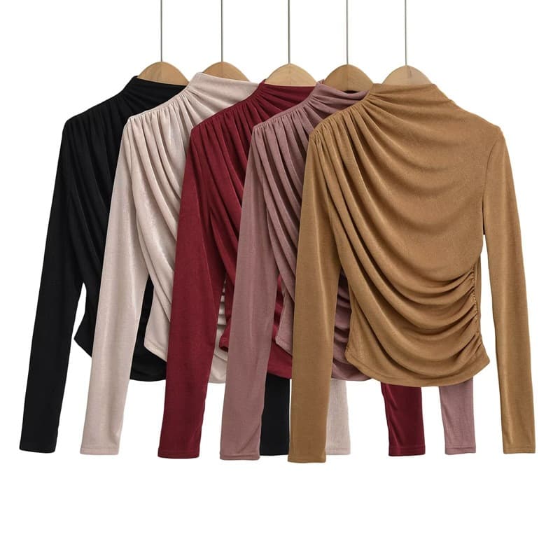 European and American Style Half High Neck Design Pleated Long Sleeve Base Top for Women New Spring Autumn Trendy Slim Fit Figure Flattering Shirt