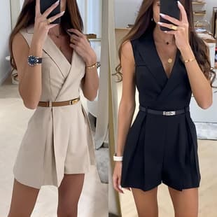 2026 Women's Amazon Fashion New Trendy Fitted Business Casual Suit Jumpsuit Straight Short Pants Women's Vacation Style