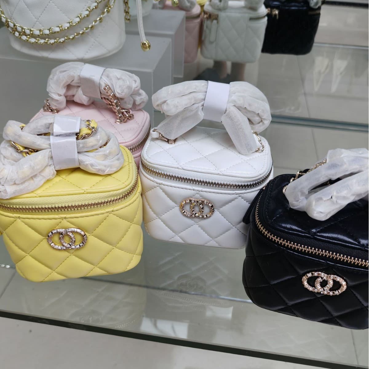 Guangzhou Small Chanel Style Rhinestone Handle Long Box MINI Makeup Bag Handbag Diamond Quilted Chain Single Shoulder Crossbody Bag