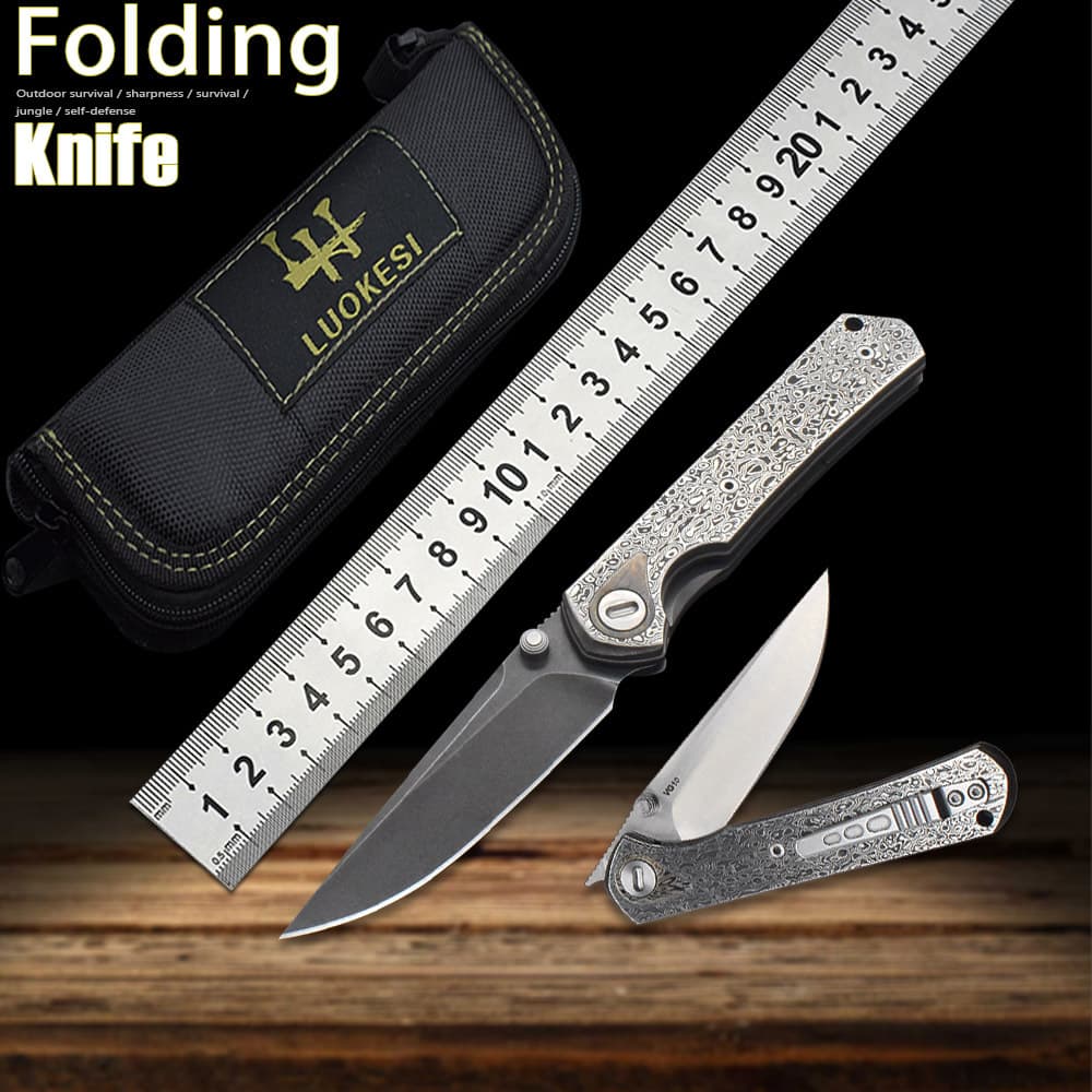 LUOKESI Coreless Damascus Mechanical Bearing Folding Knife Outdoor Camping Self-Defense Folding Knife Fruit Knife EDC