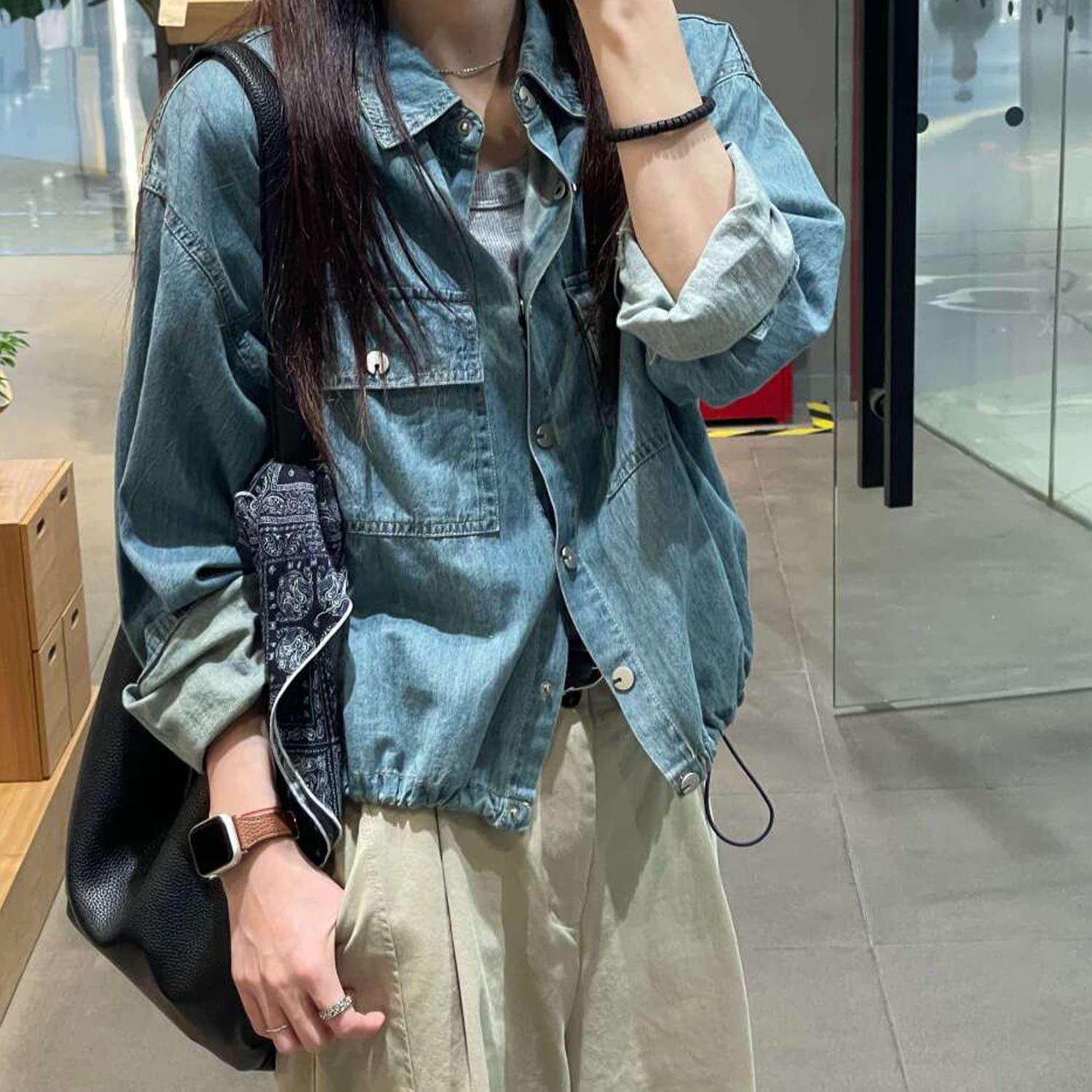 Drawstring Hem Denim Shirt for Women 2025 Fall New Arrival Petite Short Loose Retro Jacket