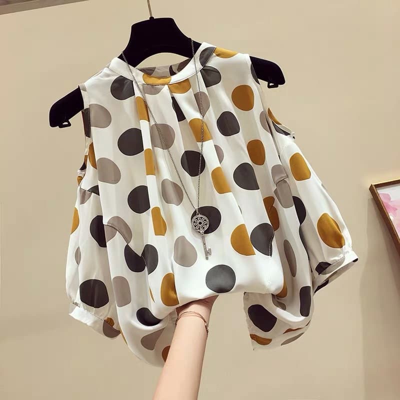 Polka Dot Off-Shoulder Chiffon-Like Women's Short-Sleeve Summer New Youthful Top Fashionable Design Sense Unique Top Cover Belly