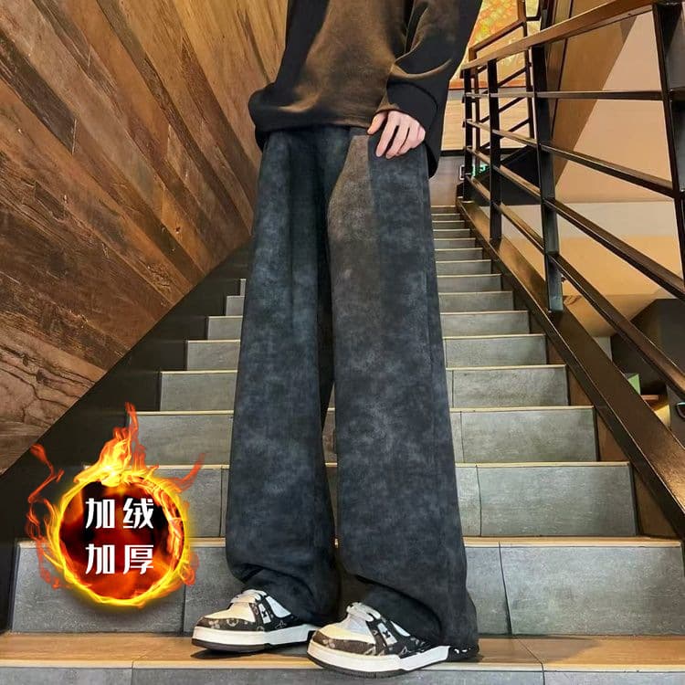 Tie-dye casual new casual pants American autumn retro plus velvet loose trousers straight trend dirty pants