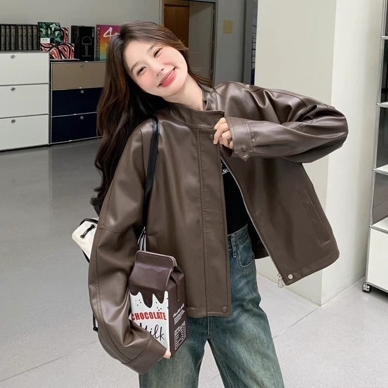 Brown Leather Jacket Women's Faux Leather Coat 2026 New Trendy Hong Kong Style Short Moto Biker American Retro