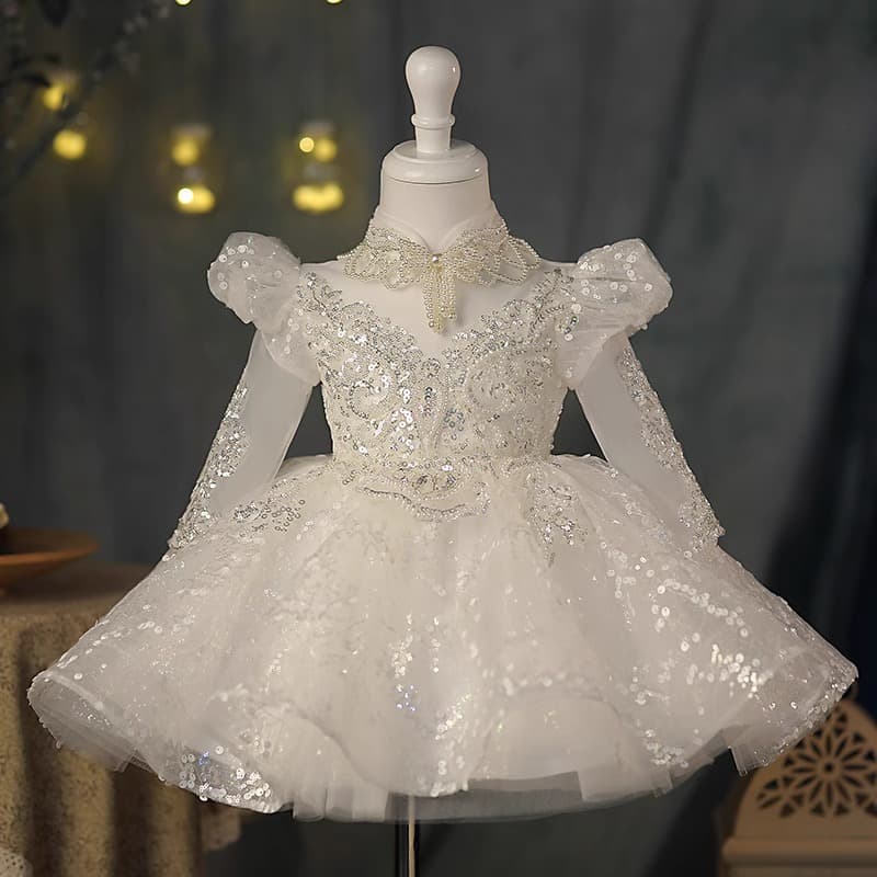 2026 New Children's Formal Dress White Princess Gown for Girls High-End Piano Performance Dress Flower Girl Kids Cross-Border
