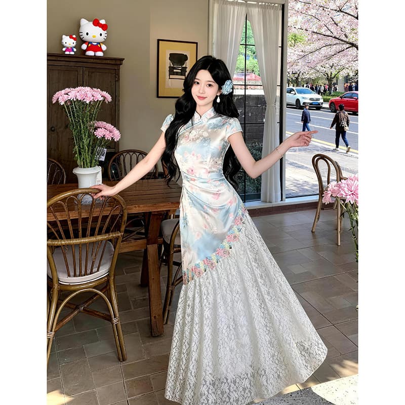 [Spring Peach Point Color] Gentle waisted new Chinese style gradient print splicing lace improved cheongsam dress for summer