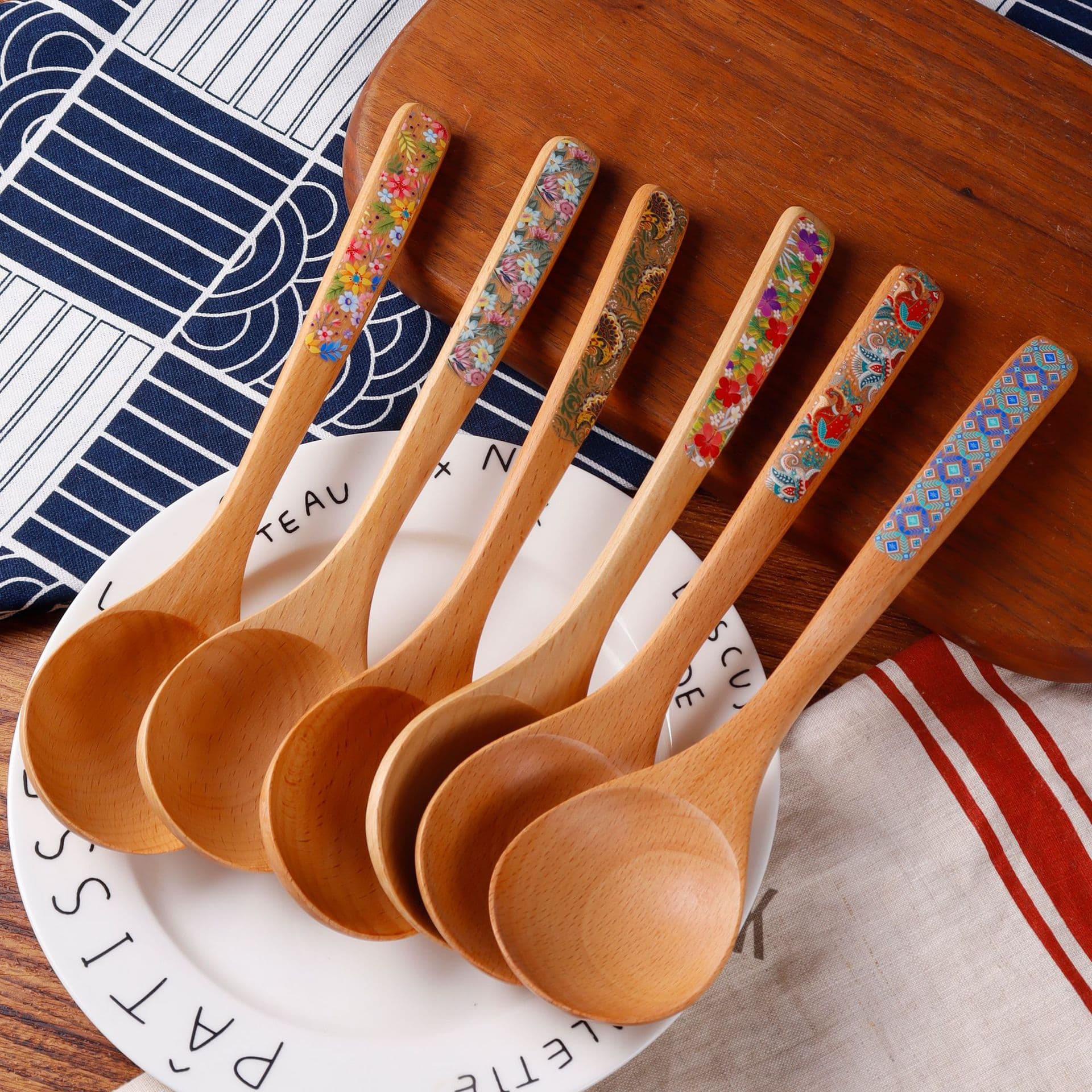Decal Creative Color Printed Wooden Spoon Kitchen Beech Large Wooden Spoon Solid Wood Dessert Spoon Internet Celebrity Spoon Breakfast Wood Gao Yan Good