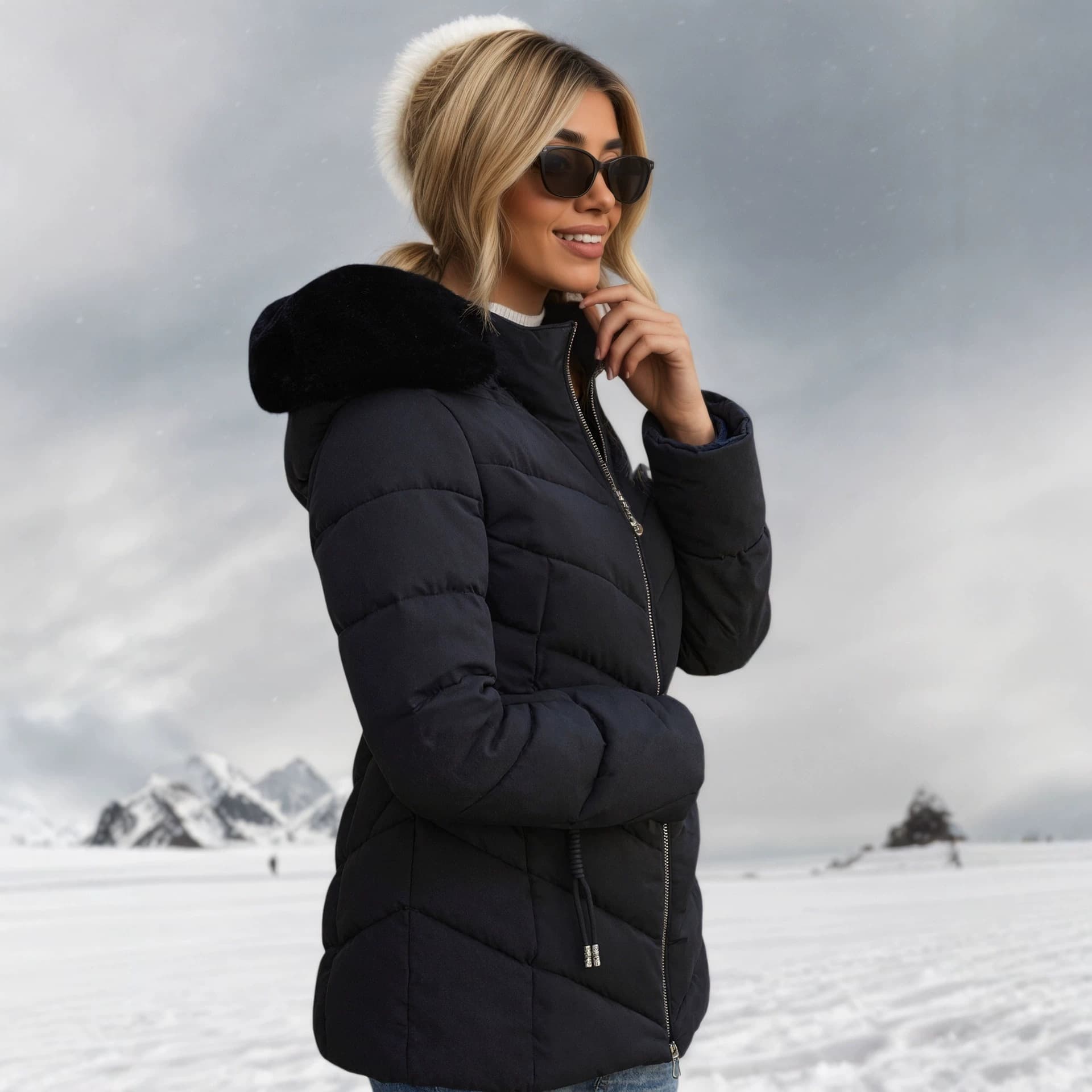 Classic Style Hooded Cotton Coat with Large Fur Collar, Drawstring Waist Slimming, Thickened and Warm Winter Jacket for Women