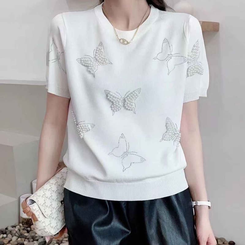 Summer Korean Style Thin Ice Silk Knit Top for Women, Short Sleeve, Unique Rhinestone Studded Butterfly Design, Trendy