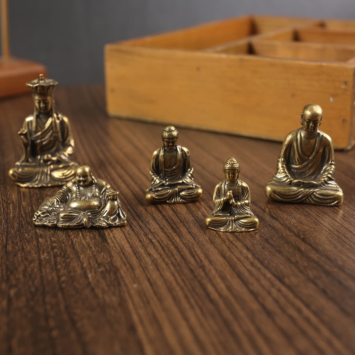 Brass Vairocana, smiling Buddha monk statue, temple Buddha ornament, metal craft religious item.