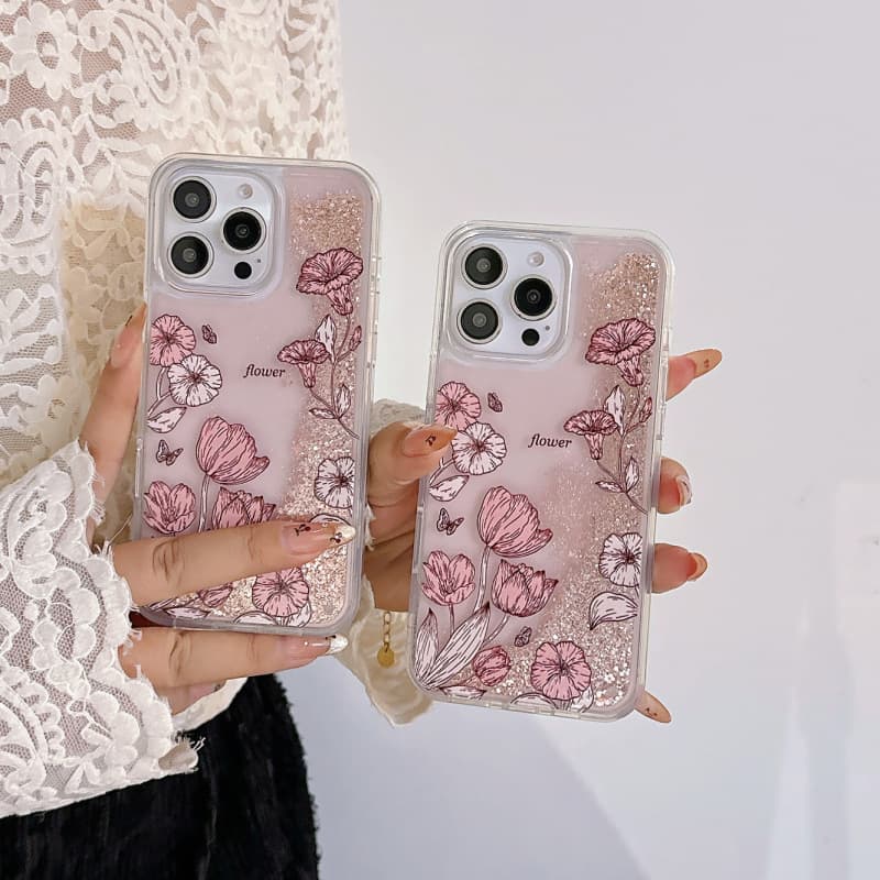 Spring Morning Glory Glitter Liquid Sand Case for iPhone 16 Pro Max, iPhone 14, Apple 15 Pro, New for 13 Pro