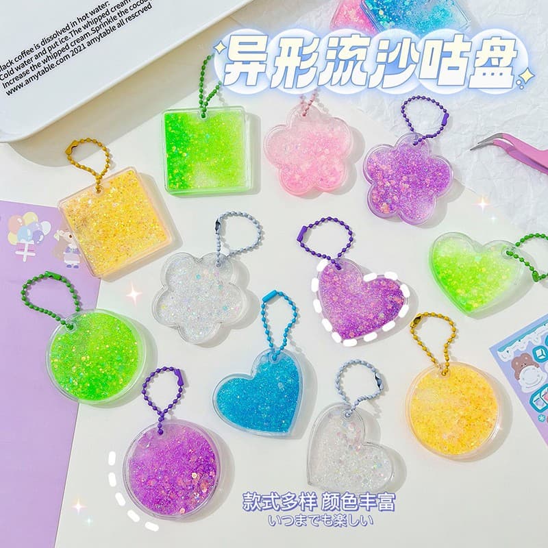 Transparent Small Irregular Flowing Sand Card Brick, Shaped Oil-Filled Card Disk, Creative Flowing Sand Disk DIY Decoration Keychain