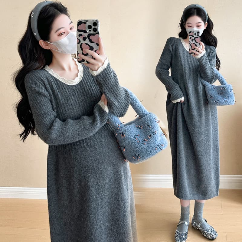 2025 Autumn/Winter New Style Maternity Sweater Knit Dress with Lace Trim Loose Fit Base Dress