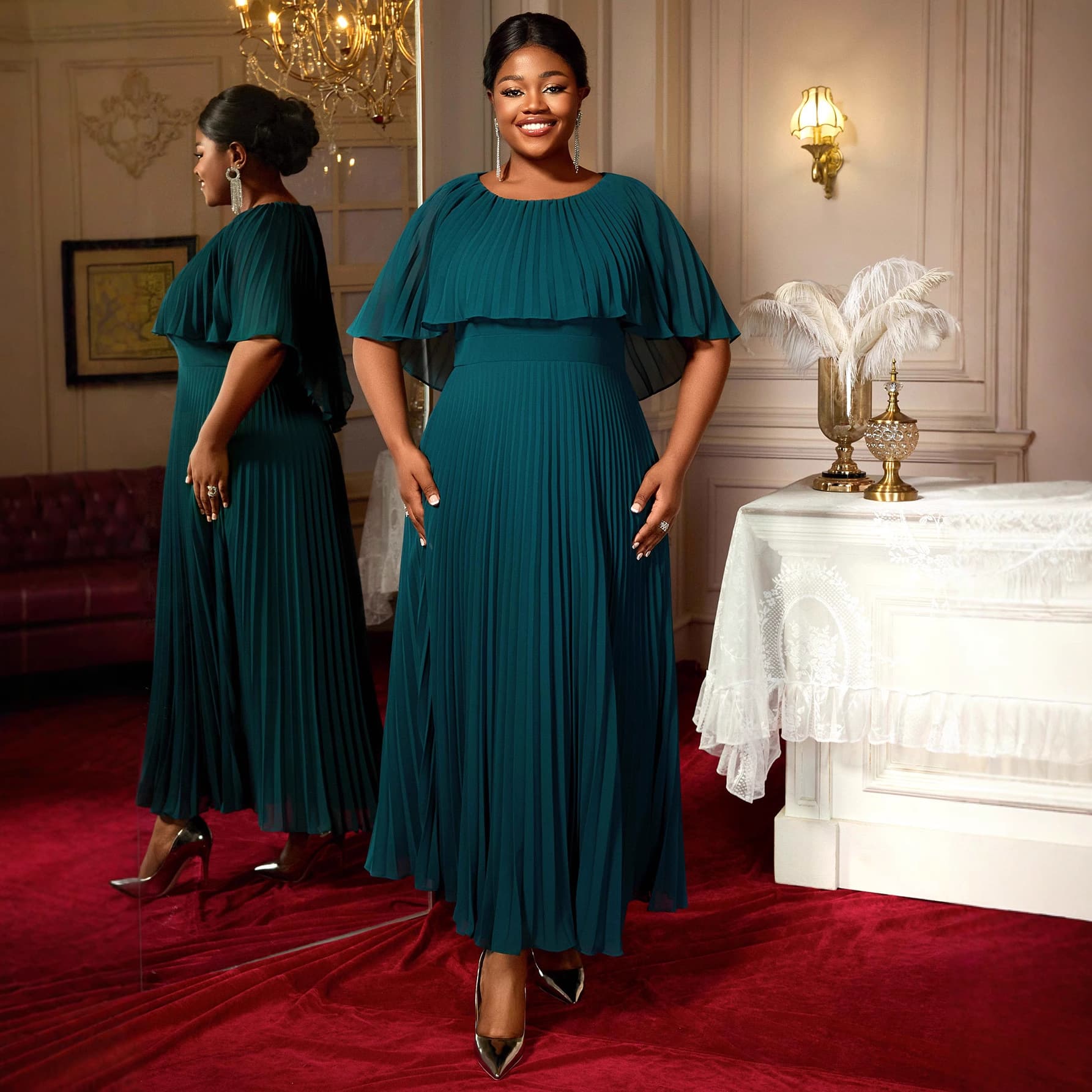Plus Size Round Neck Cape Poncho Short Sleeve A-Line Women's Dress Chiffon Flowing Long Pleated Wedding Guest Dress