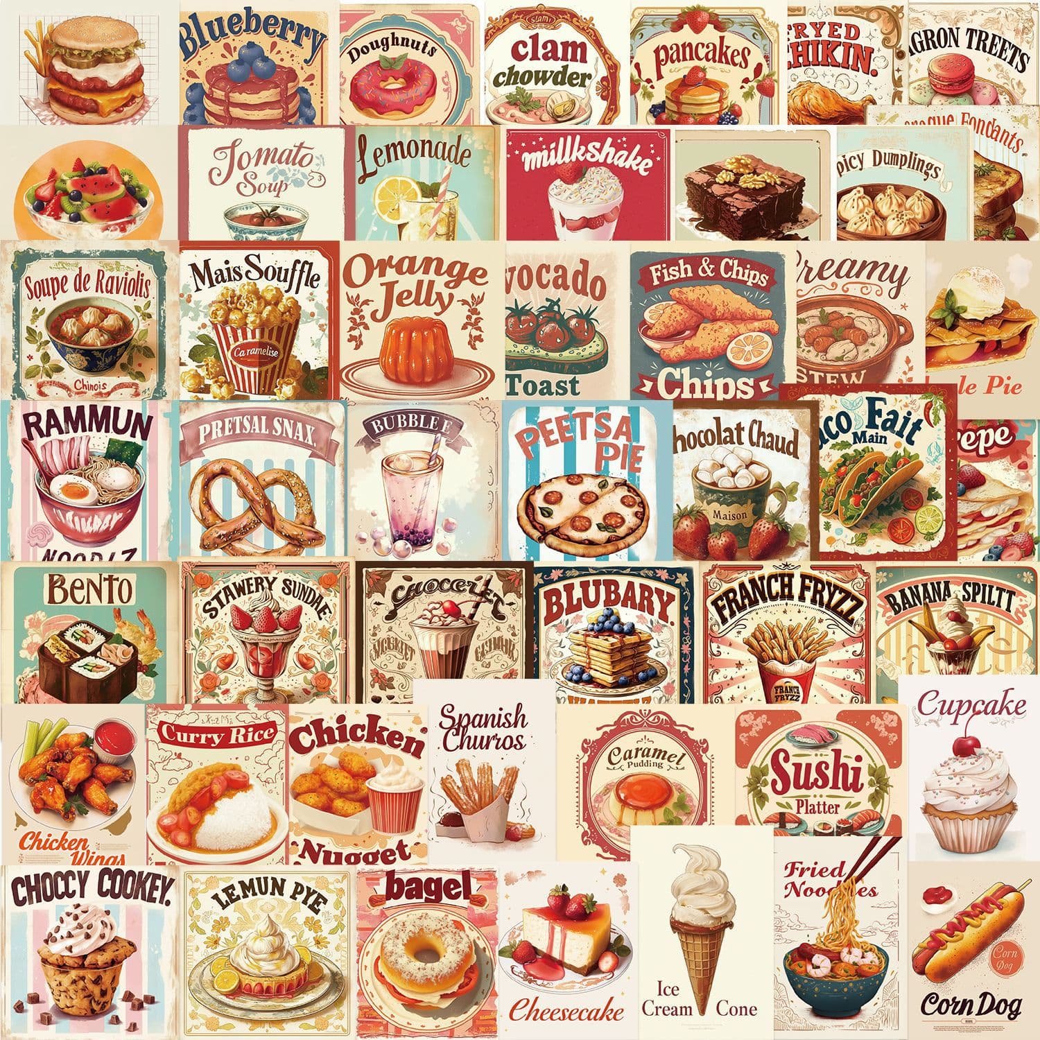 50 Cartoon Retro Food Graffiti Stickers Decorative Guitar Laptop Luggage DIY Waterproof Cross-Border Wholesale