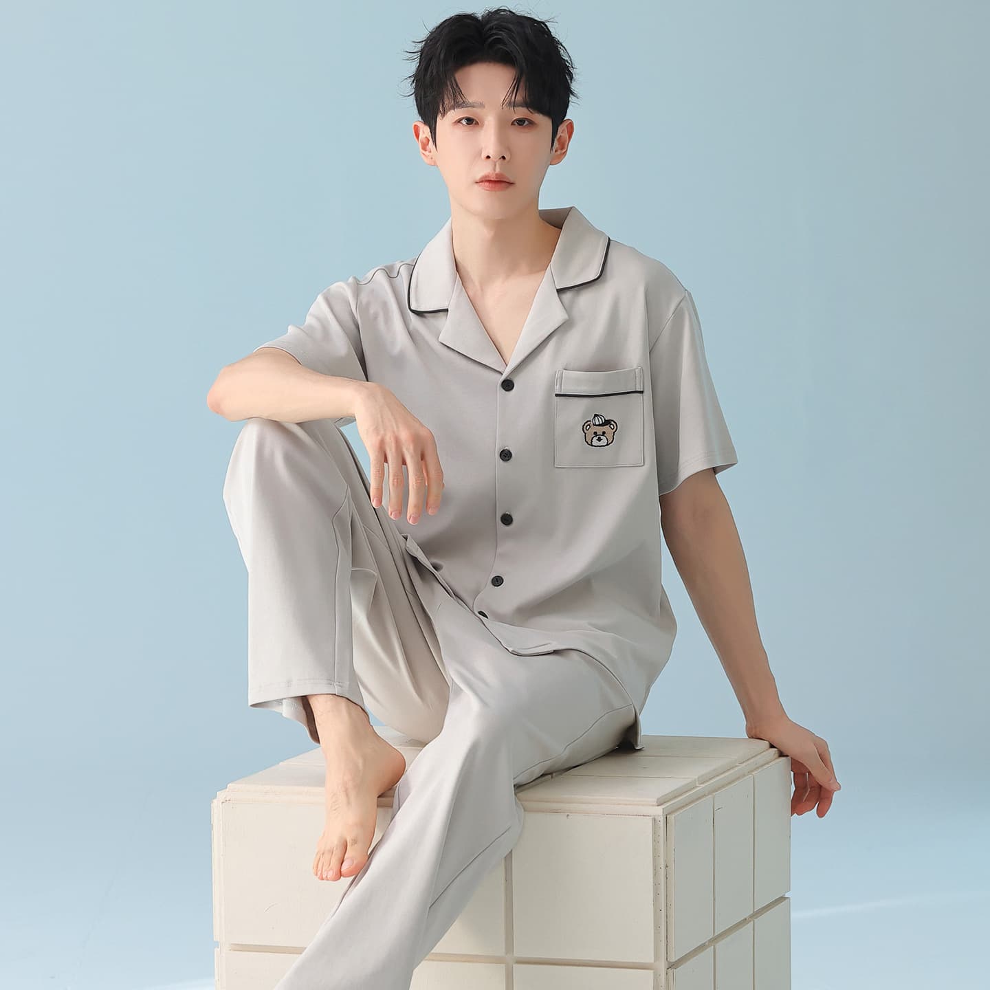 Men's Summer Cotton Short Sleeve Long Pants Thin Large Size Cardigan Home Wear Set, Wearable Outdoors