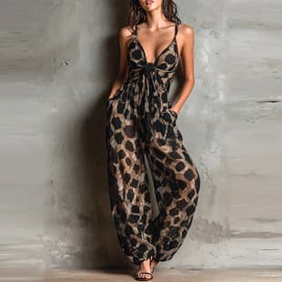 Deep V Retro Leopard Print Twist Strap Jumpsuit Loose Draped Wide-Leg Slimming Vacation Long Jumpsuit
