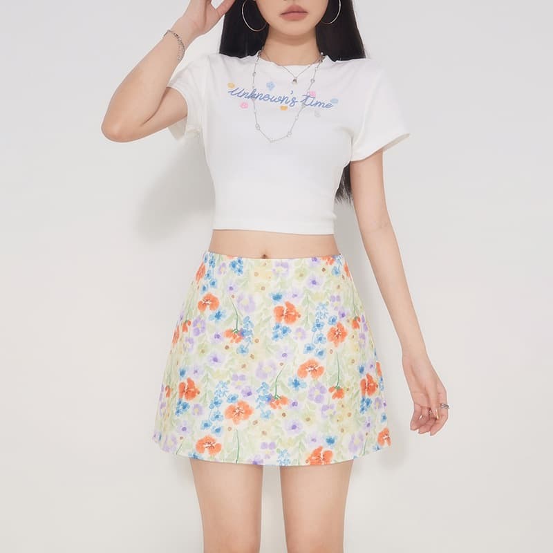 Vintage Floral High-Waist Pencil Skirt Versatile Slimming A-Line Skirt Summer Sweet Tea Casual Half Skirt Short Skirt