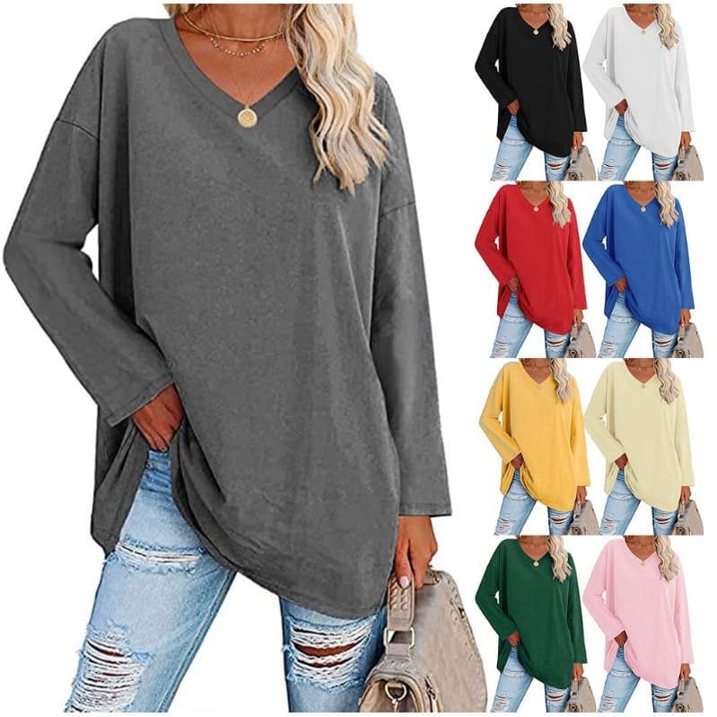 European and American Oversized Women's T-Shirt, Amazon New Arrival, Multicolor Loose Drop Shoulder V-Neck Solid Color Top